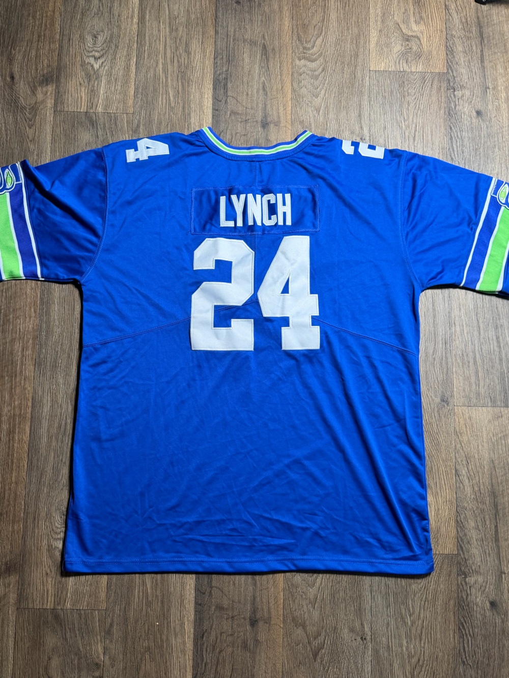 Blue Number 24 Football Jersey with Green & White Sleeve Accents - Picture 2 of 3